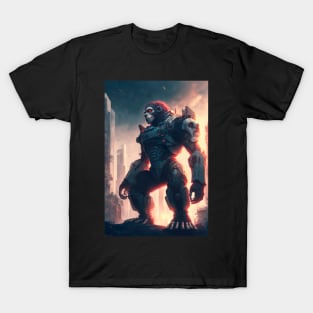 Giant futuristic robot cyborg Monkey attacking the city T-Shirt